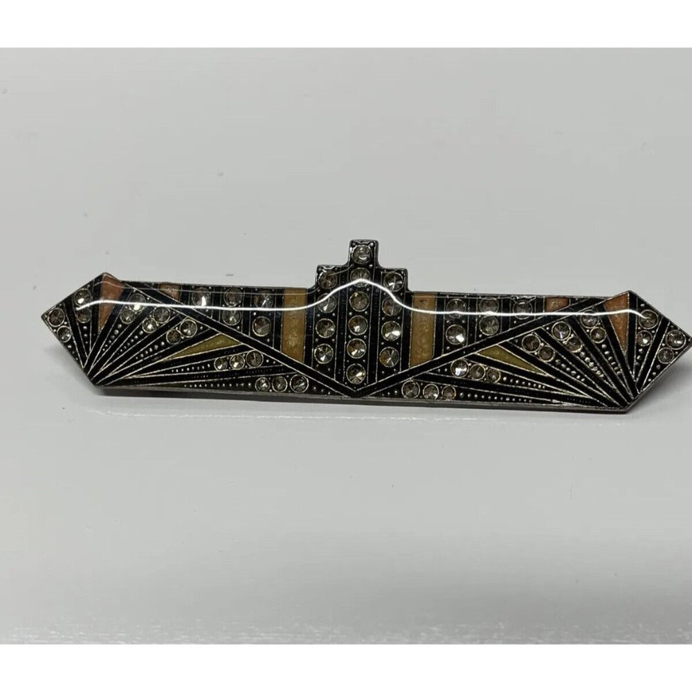 Vtg PIERRE BEX? Style JEWELRY ART DECO Ocean Liner ENAMEL BROOCH Pin Rhinestones - Picture 2 of 11
